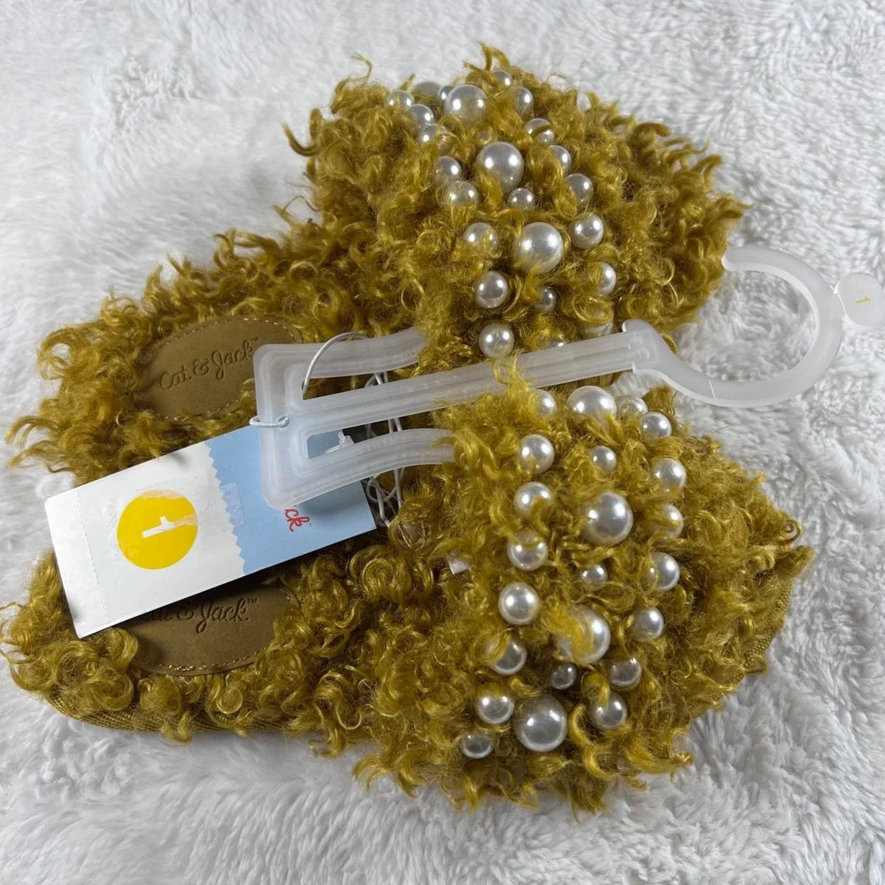 Cat Jack‎ Toddler Girls Bear Slippers Size 1 Gold Faux Fur Pearl Embellished NWT